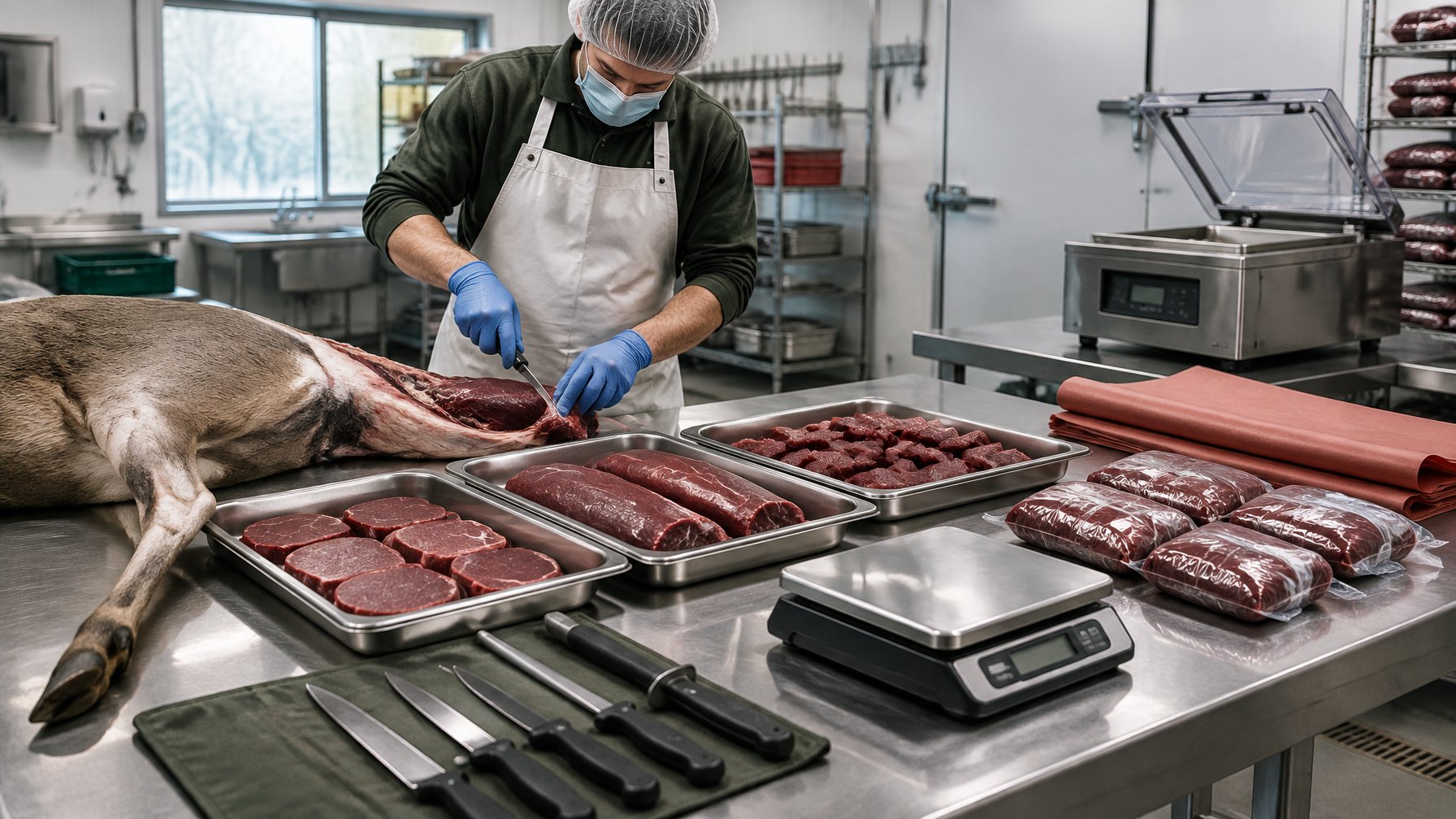 A clean deer processing facility with venison packages, processing equipment, and a worker preparing meat.