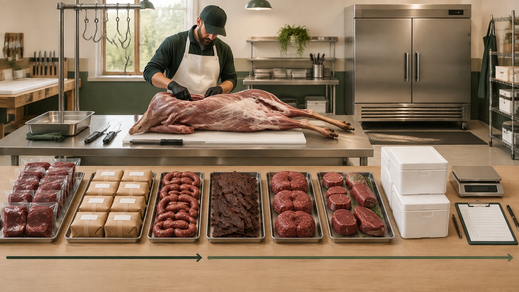 A butcher processes a deer in a clean workspace surrounded by packaged meat and optional specialty products.