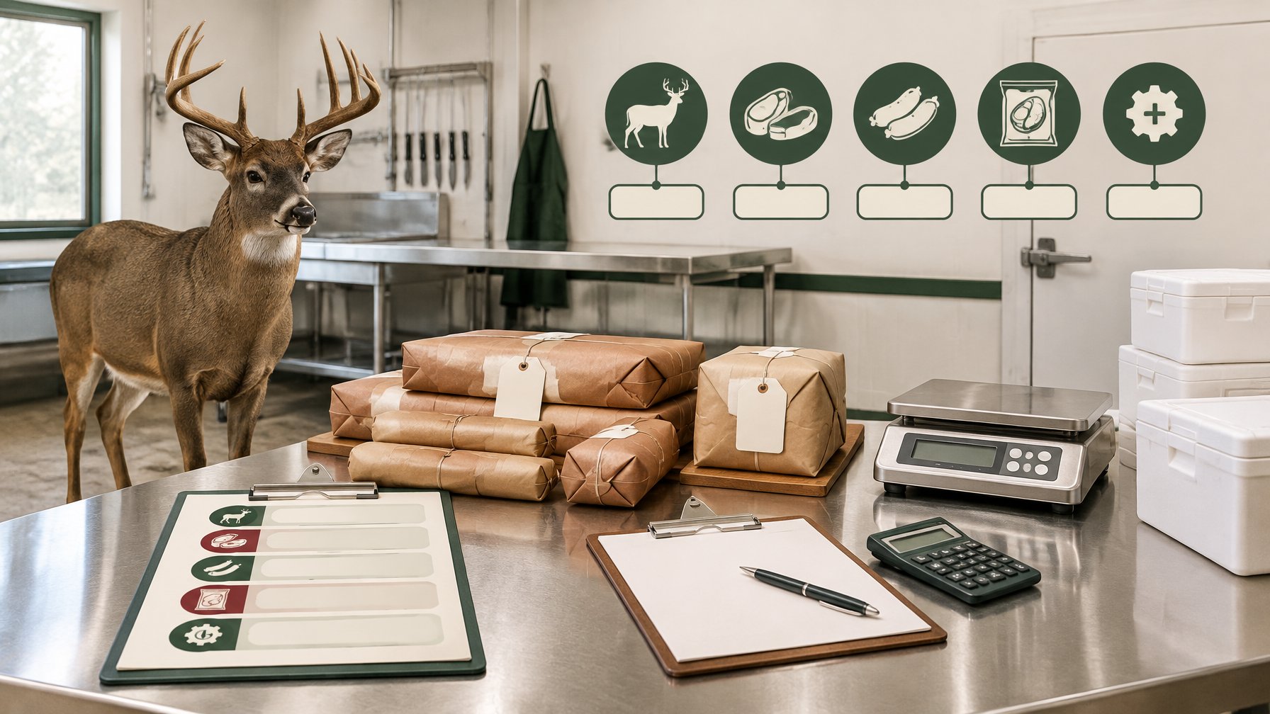 A clean deer-processing shop scene with a deer, packaged meat, a calculator, and blank price tags arranged to suggest comparing processing costs.