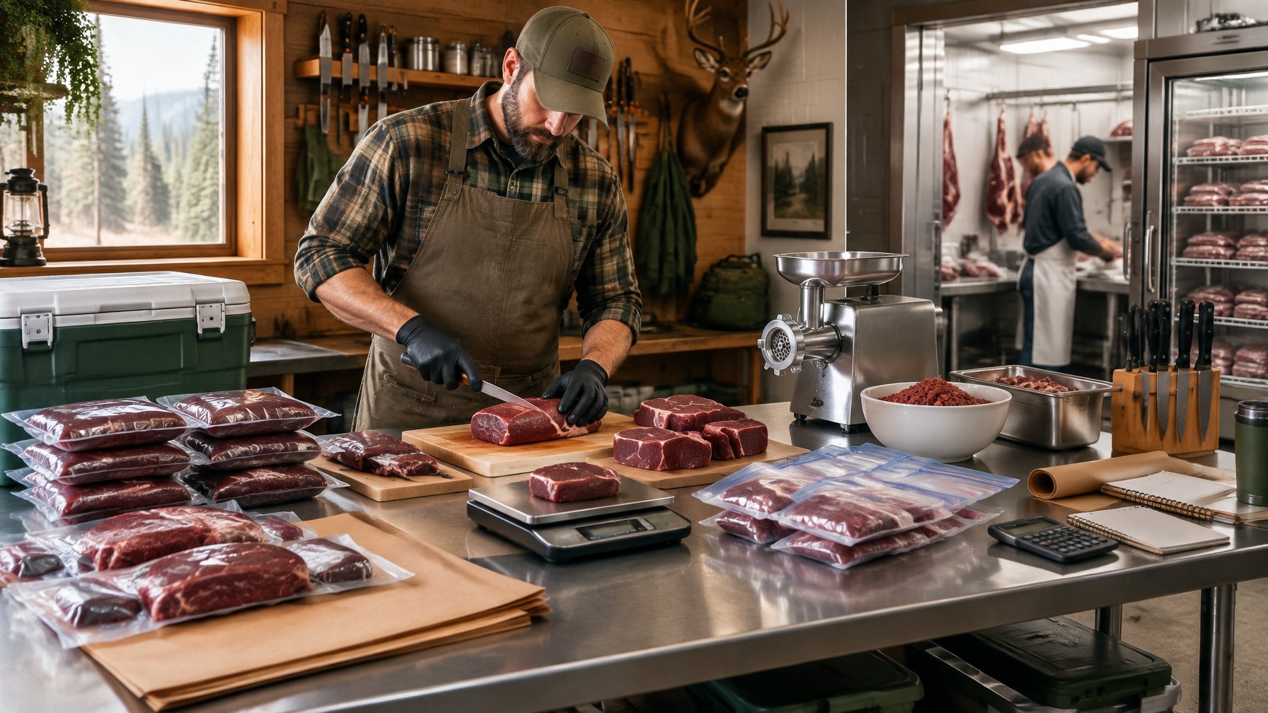 A person prepares packaged venison in a clean home processing workspace with tools, a scale, and freezer supplies.