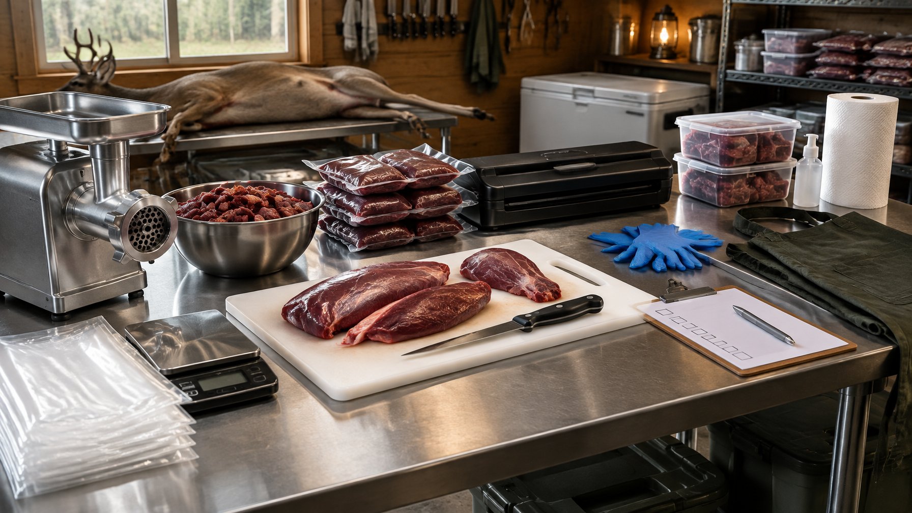 A clean workspace with venison, meat-processing tools, protective gear, packaging supplies, and a freezer.