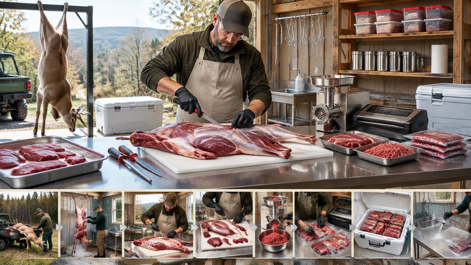 A hunter prepares a deer carcass for cutting in a clean, organized home processing workspace.
