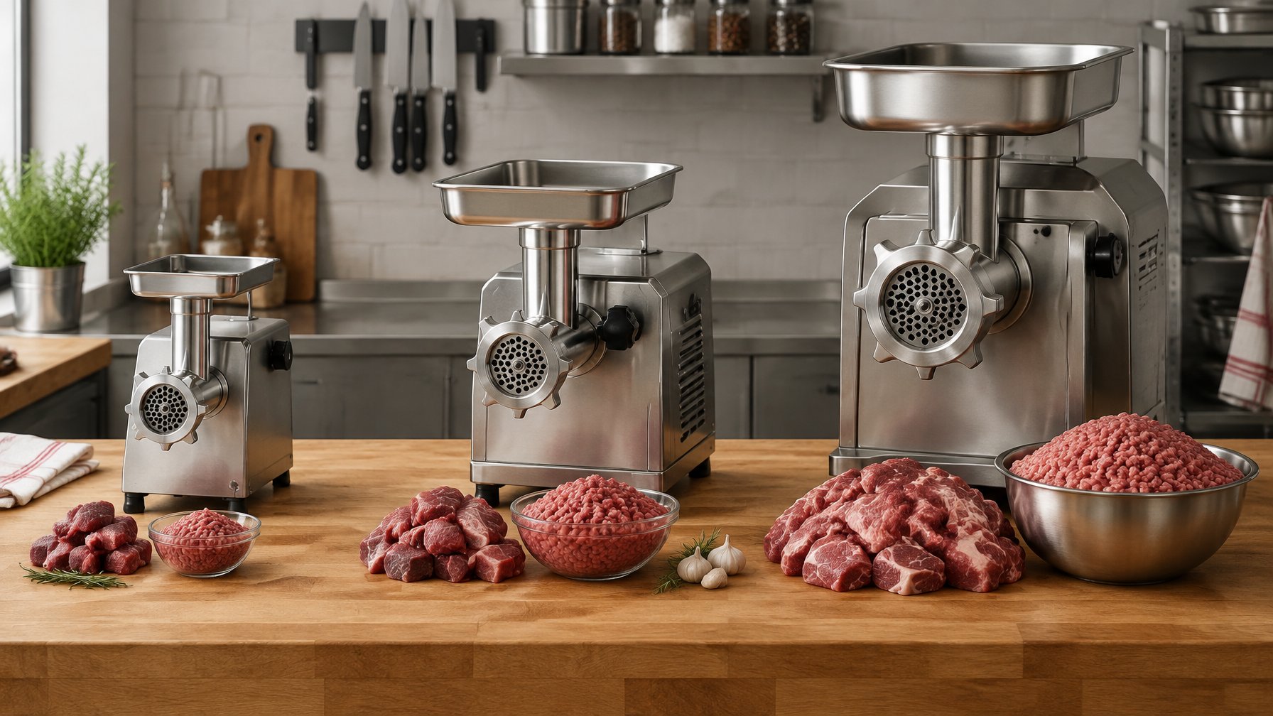 Several meat grinders of different sizes are arranged with increasing quantities of meat to show which grinder fits each batch.