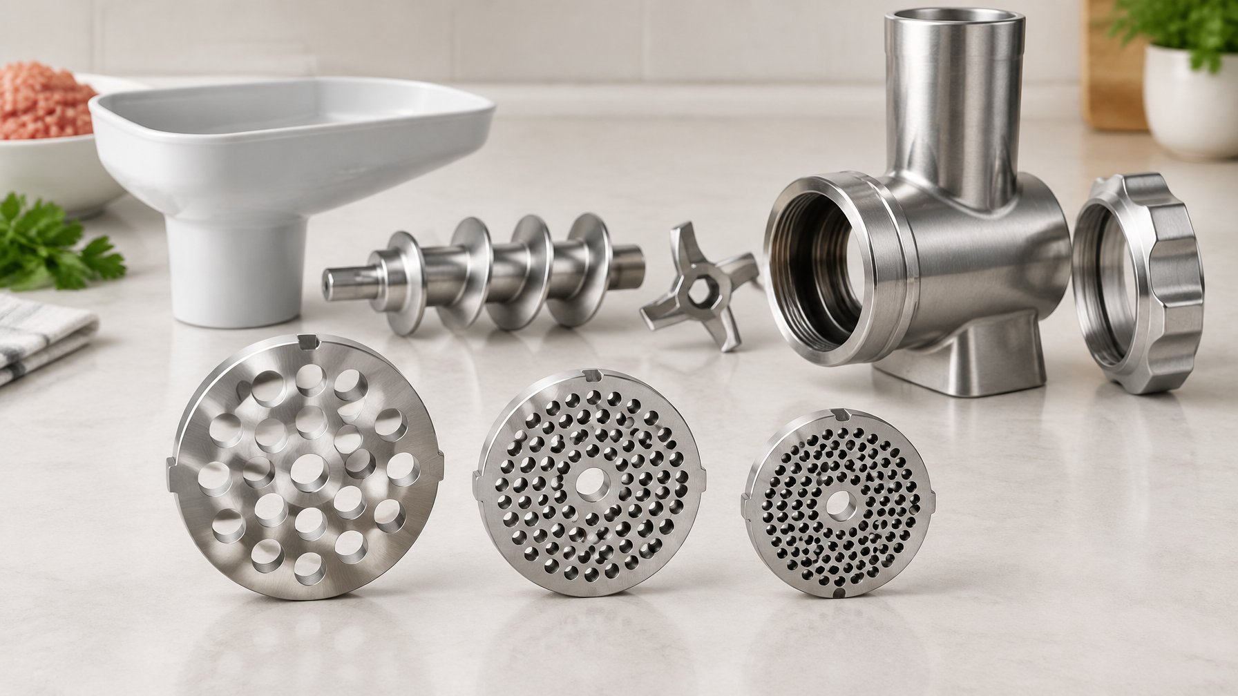 Disassembled meat grinder parts with circular plates of different diameters and hole sizes arranged for comparison.