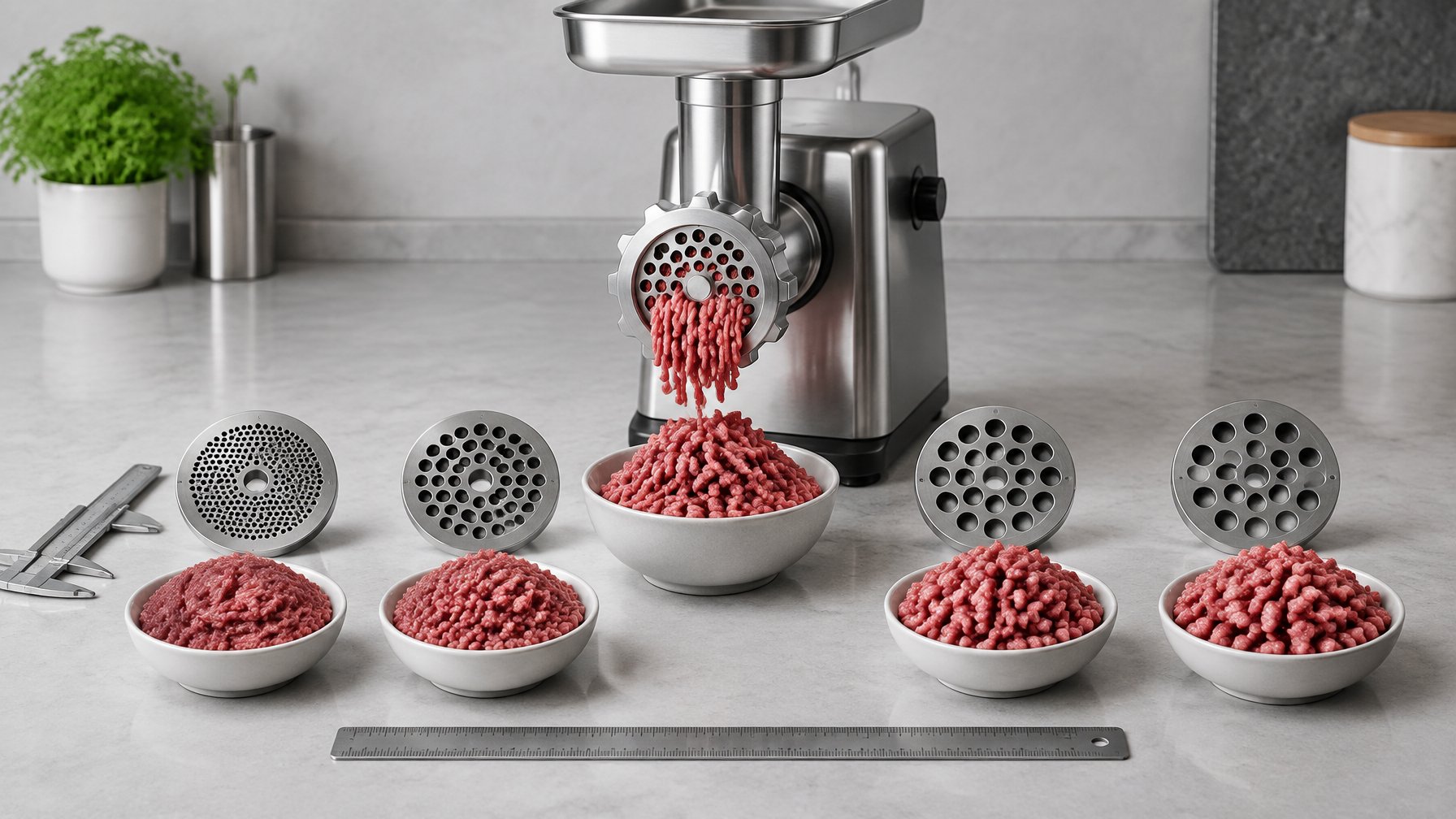 A stainless-steel meat grinder beside several grinding plates with different-sized holes and bowls of fine, medium, and coarse ground meat.