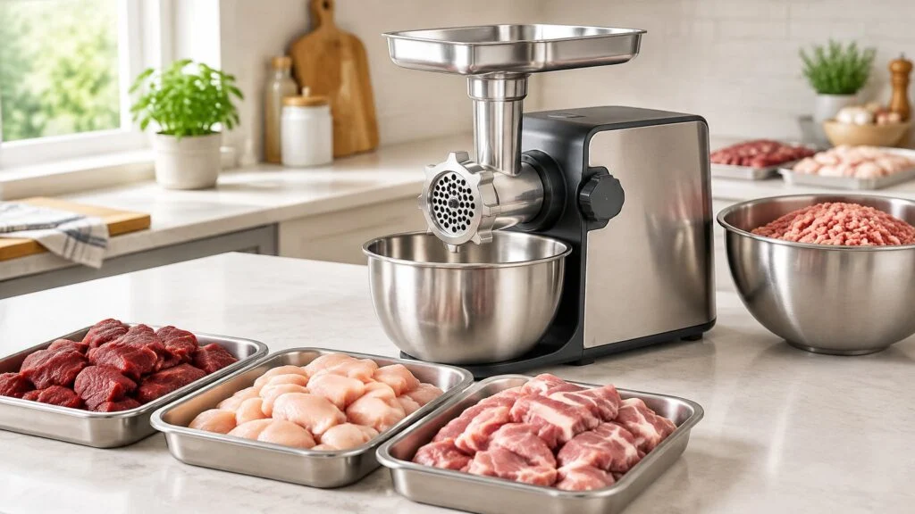 A countertop meat grinder sits beside trays of beef, chicken, and pork pieces in a clean kitchen.