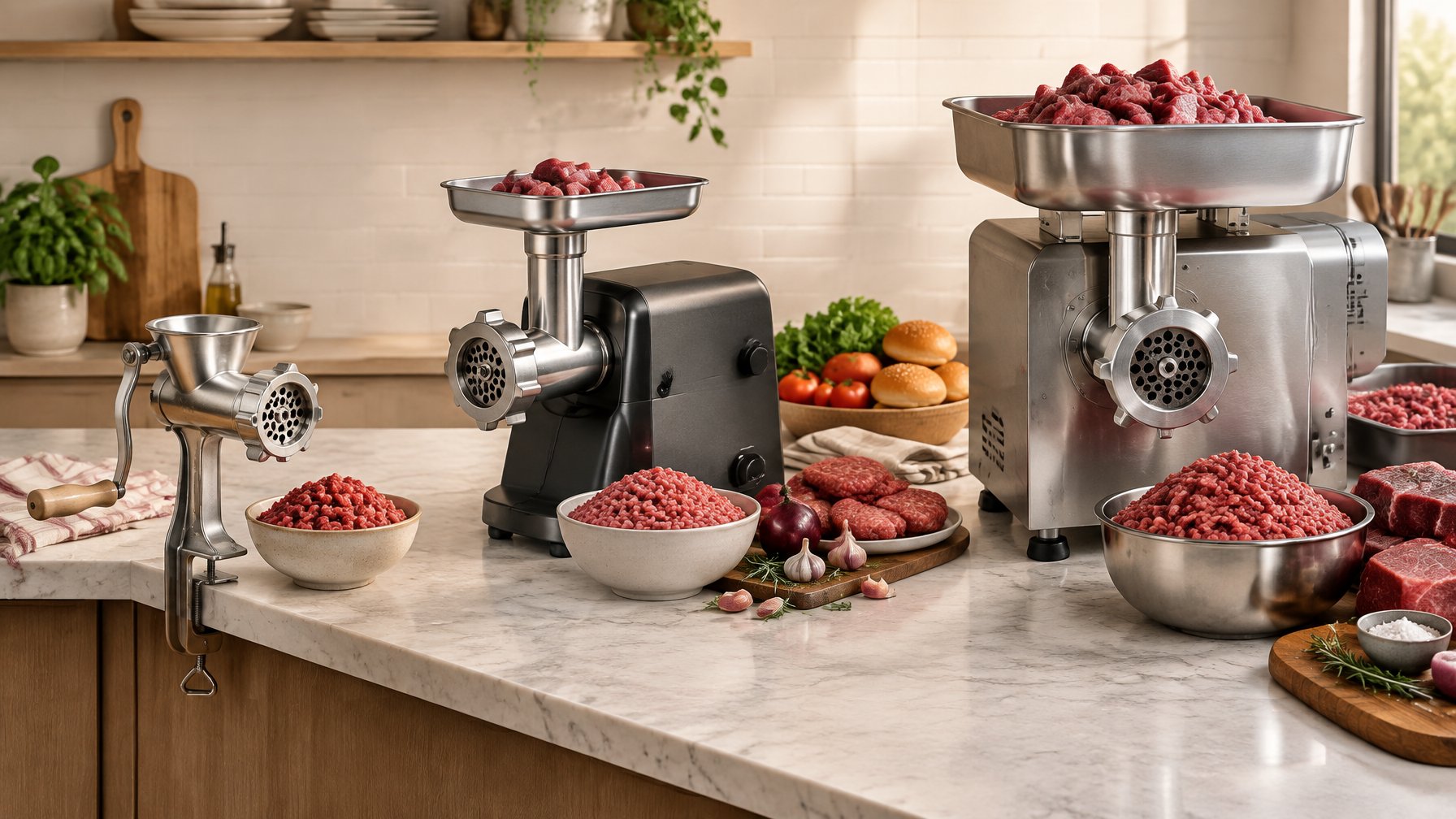 Three meat grinders of different sizes and types are arranged on a kitchen counter beside bowls and prepared meat.