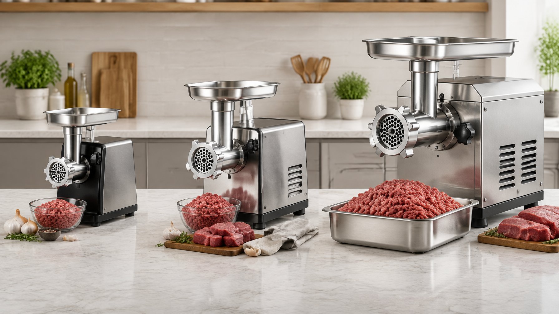 Three meat grinders of increasing size and durability are arranged with progressively larger batches of meat.
