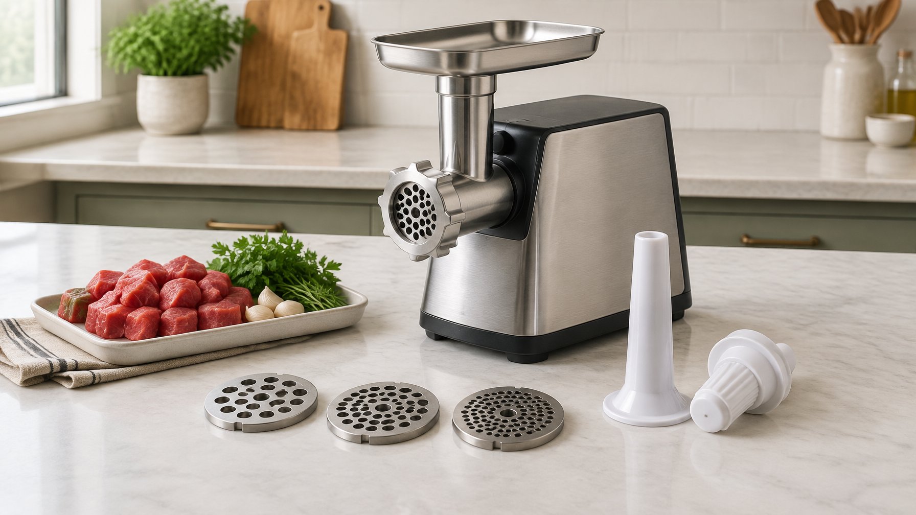 A countertop meat grinder surrounded by selected grinding plates and practical attachments.