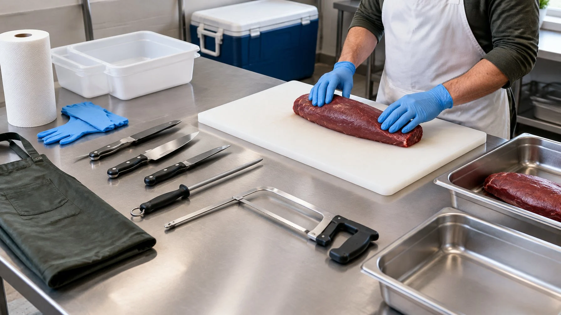 A clean cutting table with butcher knives, a bone saw, gloves, trays, and a cut of venison.