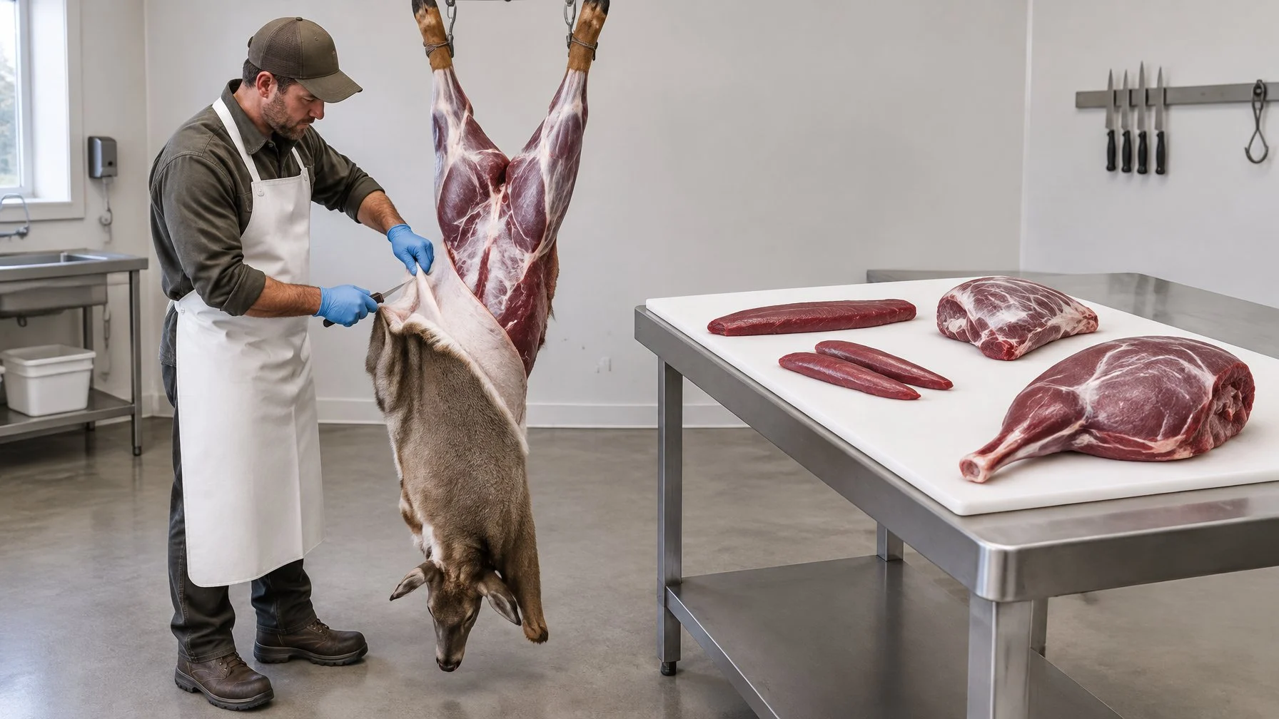 A butcher carefully skins a deer and separates venison cuts in a clean work area.