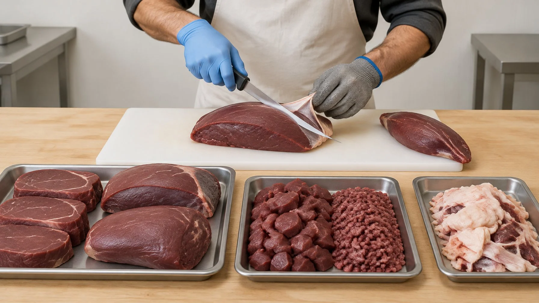 A butcher trims boneless venison and sorts the cuts into separate trays.