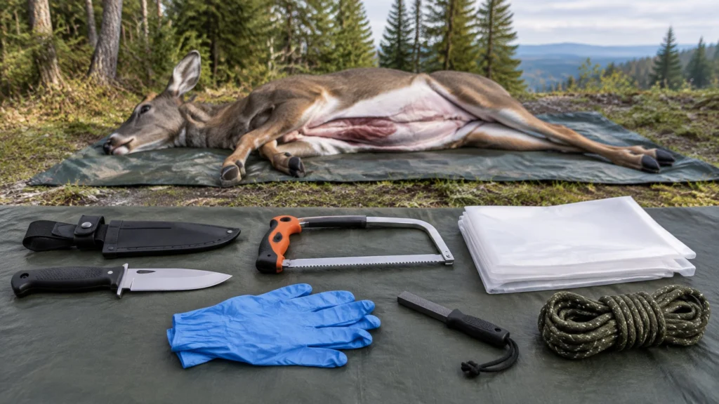 Quartering tools arranged beside a deer carcass on a tarp outdoors.