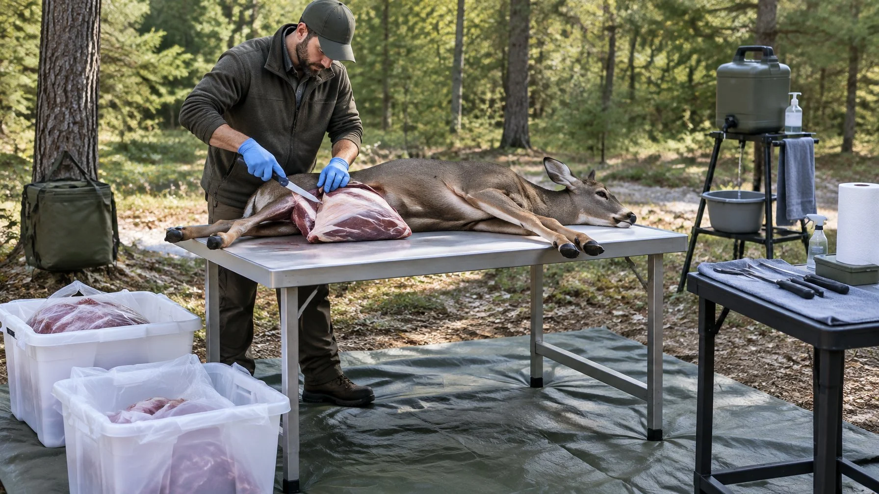 A hunter wearing gloves carefully quarters a deer on a clean work surface, placing the meat in clean containers.