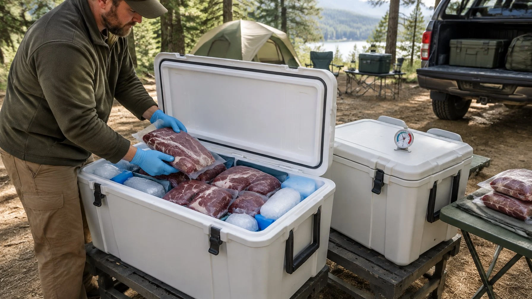 A hunter places sealed venison packages into an ice-filled cooler beside a vehicle.