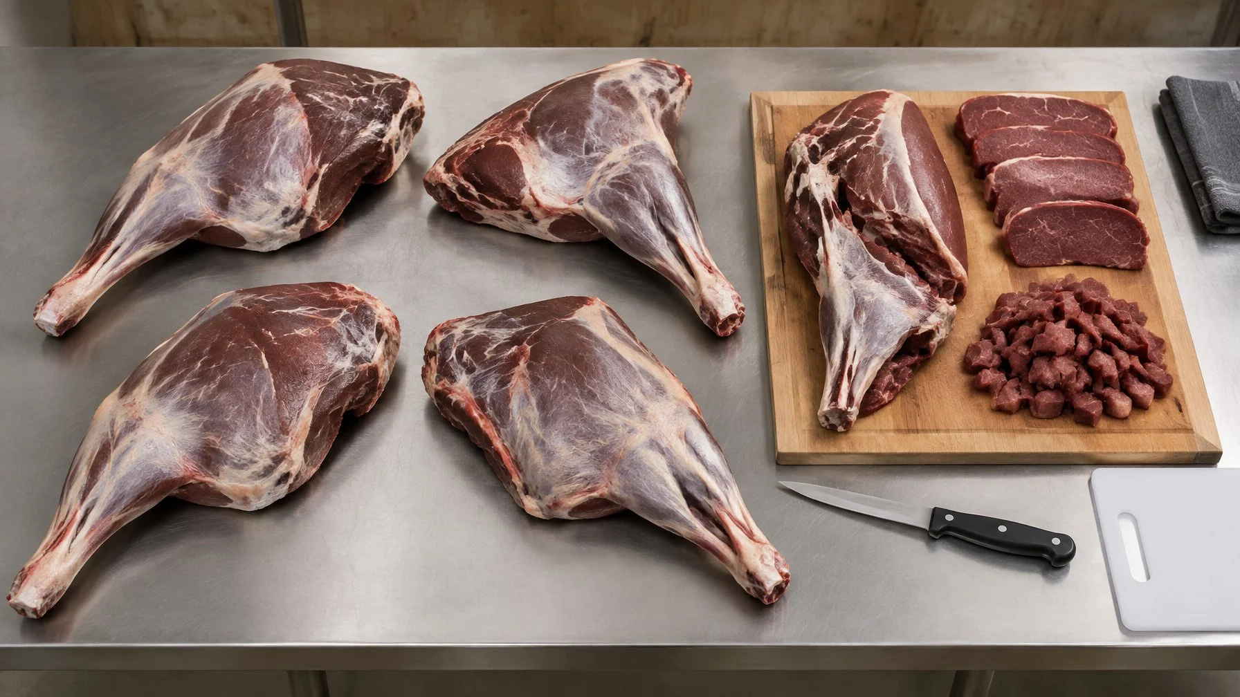 Four deer quarters sit on a butcher table beside several prepared venison cuts.