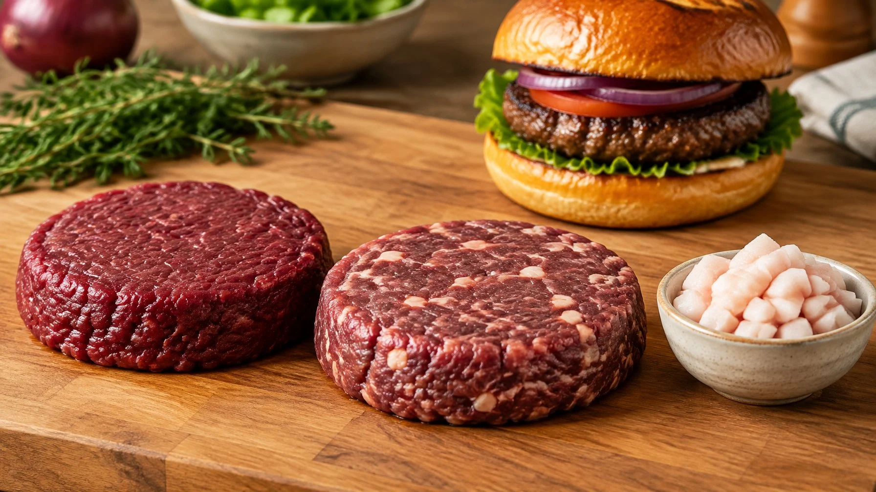 Raw venison patties with varying amounts of fat, diced pork fat, and a finished burger on a wooden surface.