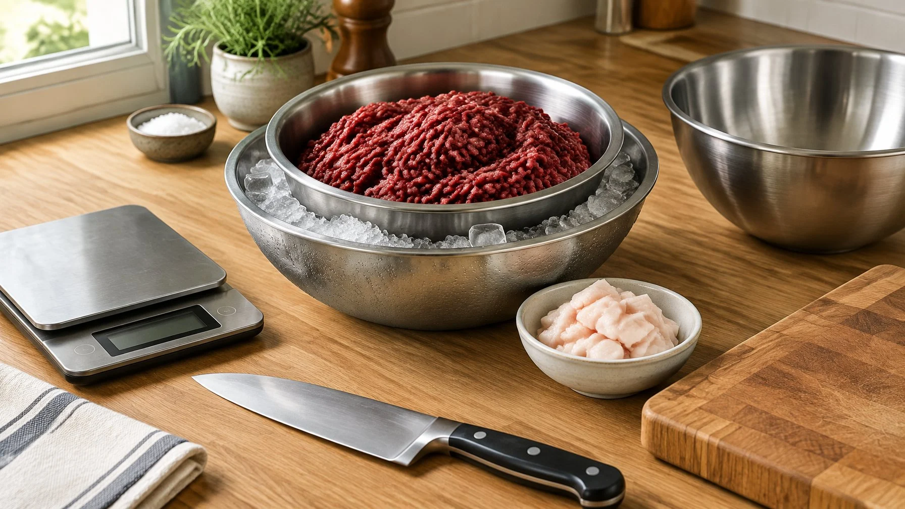 Ground venison and pork fat arranged with a kitchen scale, knife, and chilled mixing bowl.