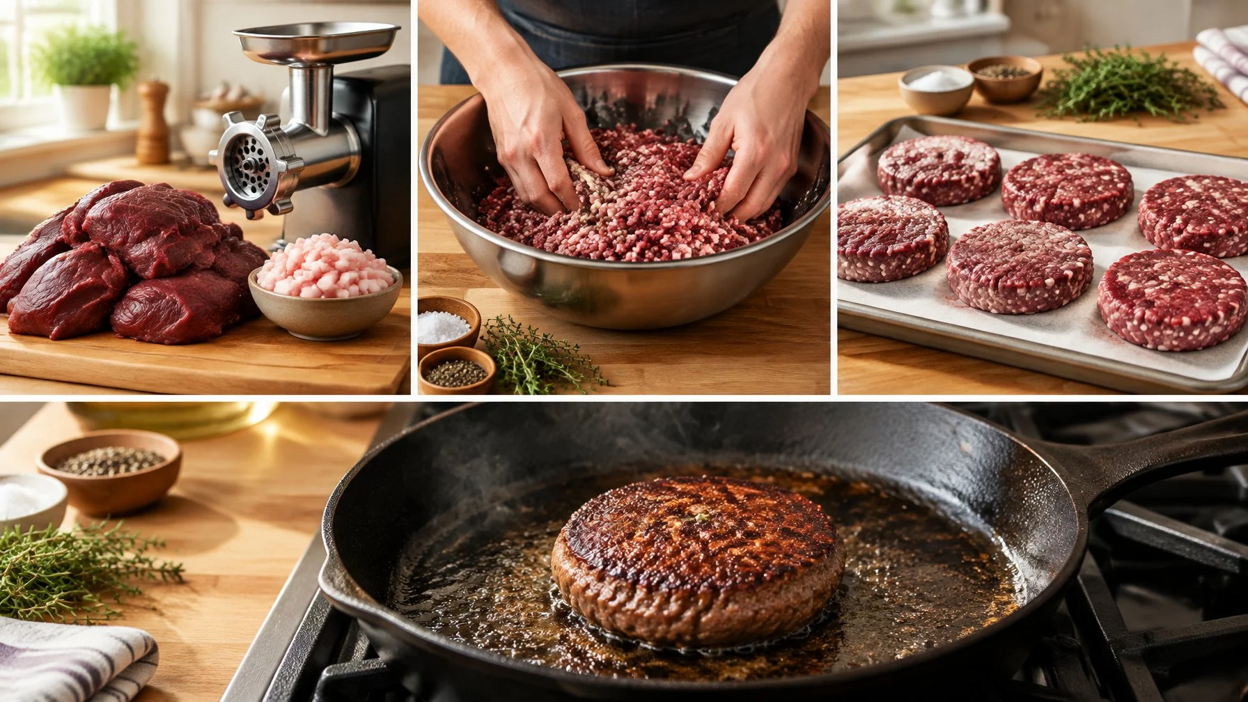 Venison and pork fat are ground, mixed into patties, and cooked in a skillet.