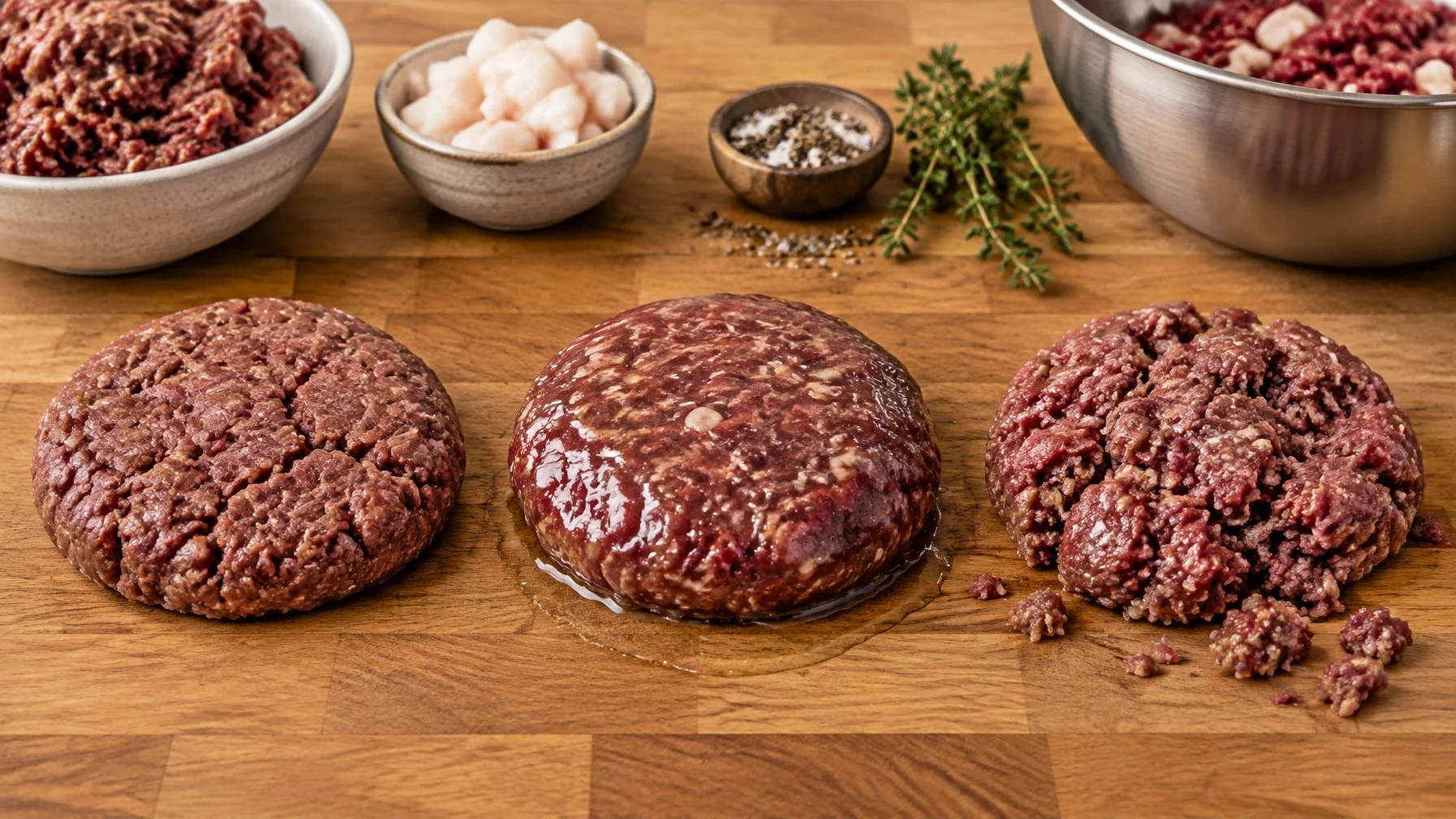 Three venison burger patties show dry, greasy, and crumbly textures beside ground meat and added fat.