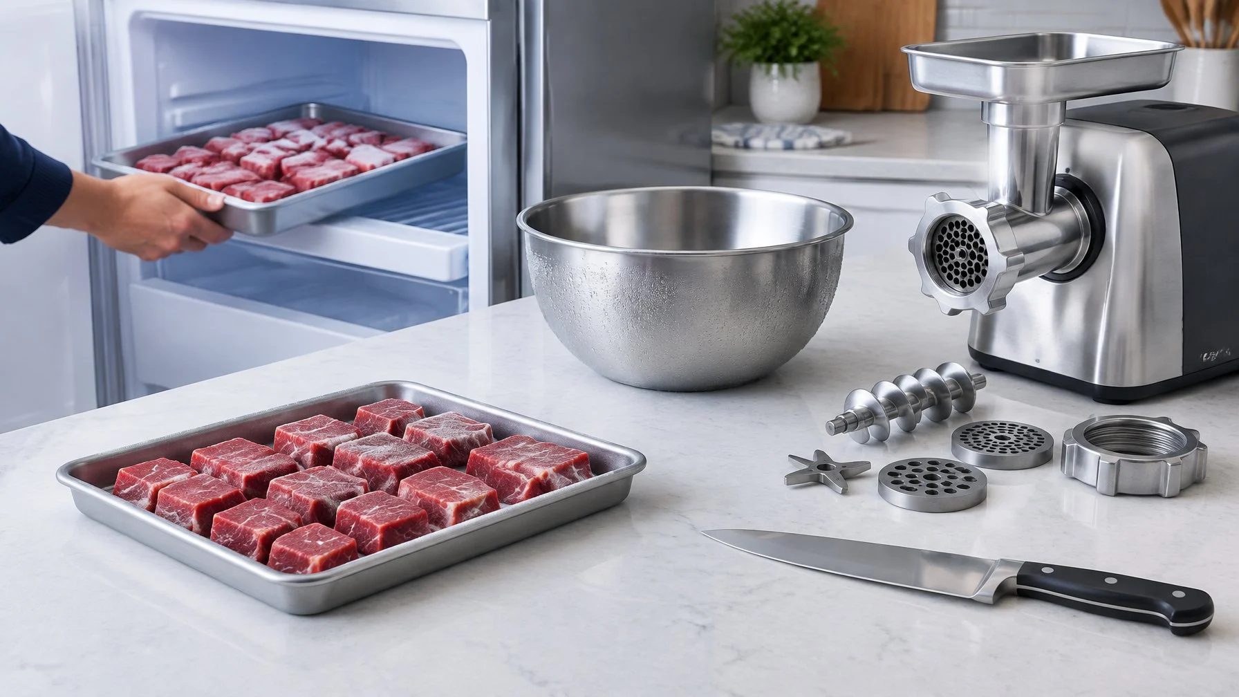 A tray of meat cubes is placed in a freezer beside a meat grinder and chilled kitchen tools.