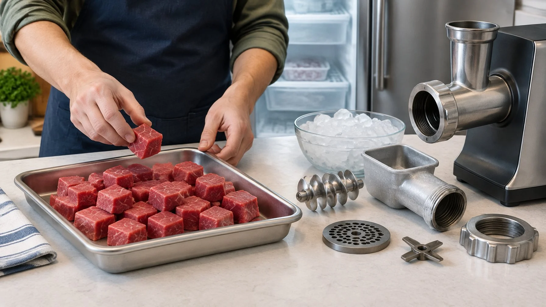 A cook prepares firm, chilled cubes of beef beside a meat grinder and a bowl of ice.