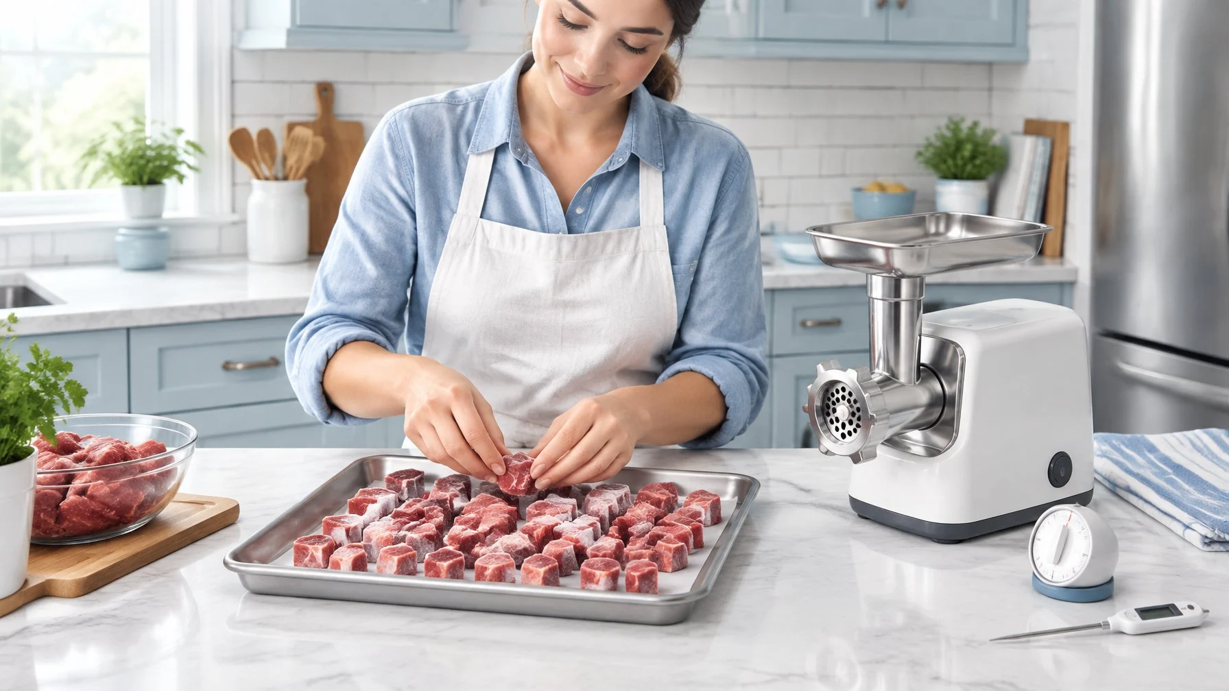 A cook prepares chilled pieces of meat beside a clean meat grinder, with a timer and thermometer nearby.