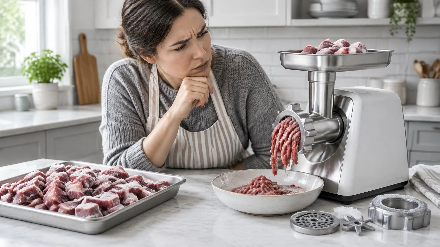 A home cook checks soft, smeared meat coming from a grinder beside a tray of chilled meat.