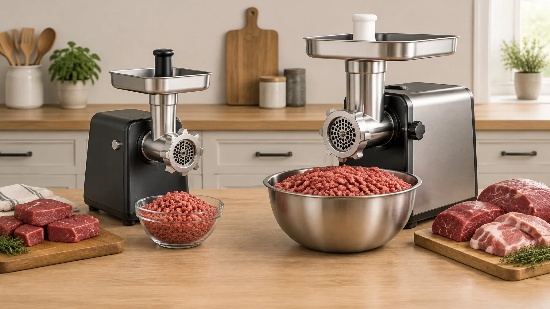 Two meat grinders sit beside small and large batches of ground meat.