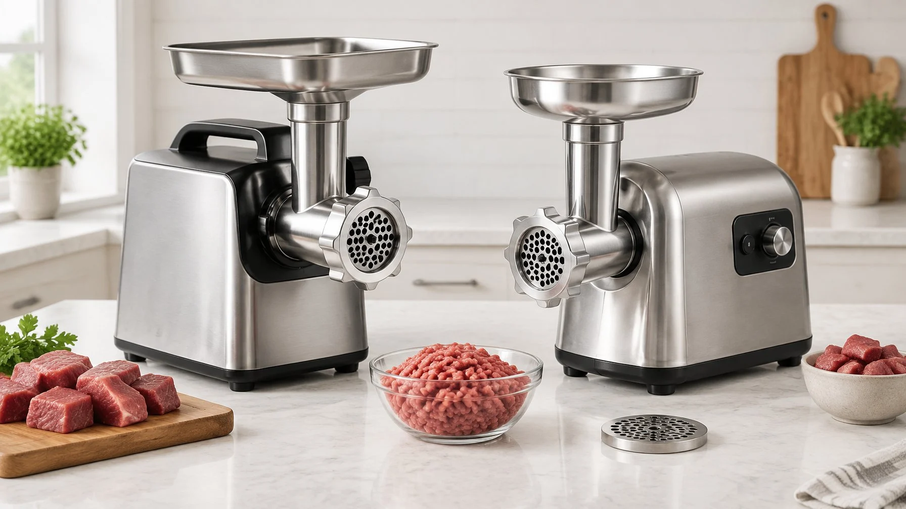 Two meat grinders sit side by side on a kitchen counter with meat and grinder parts nearby.