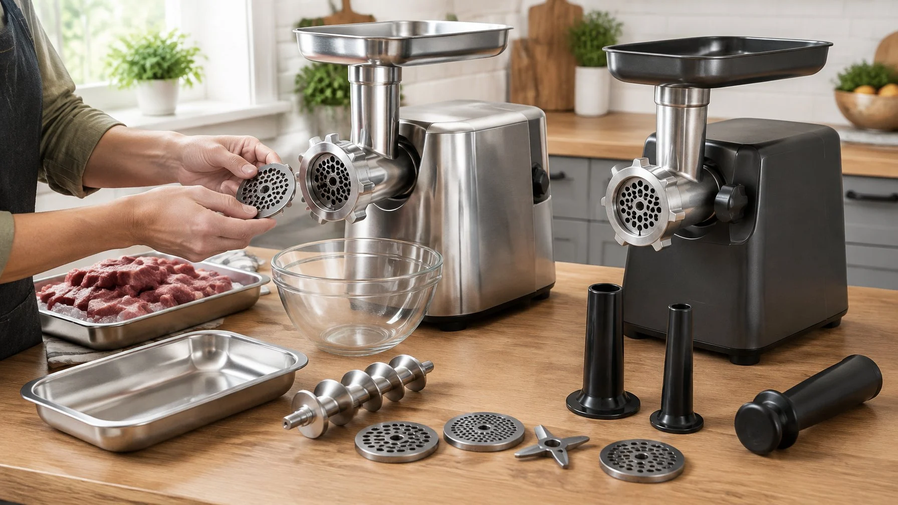 A person prepares two meat grinders with chilled meat and neatly arranged attachments on a kitchen counter.
