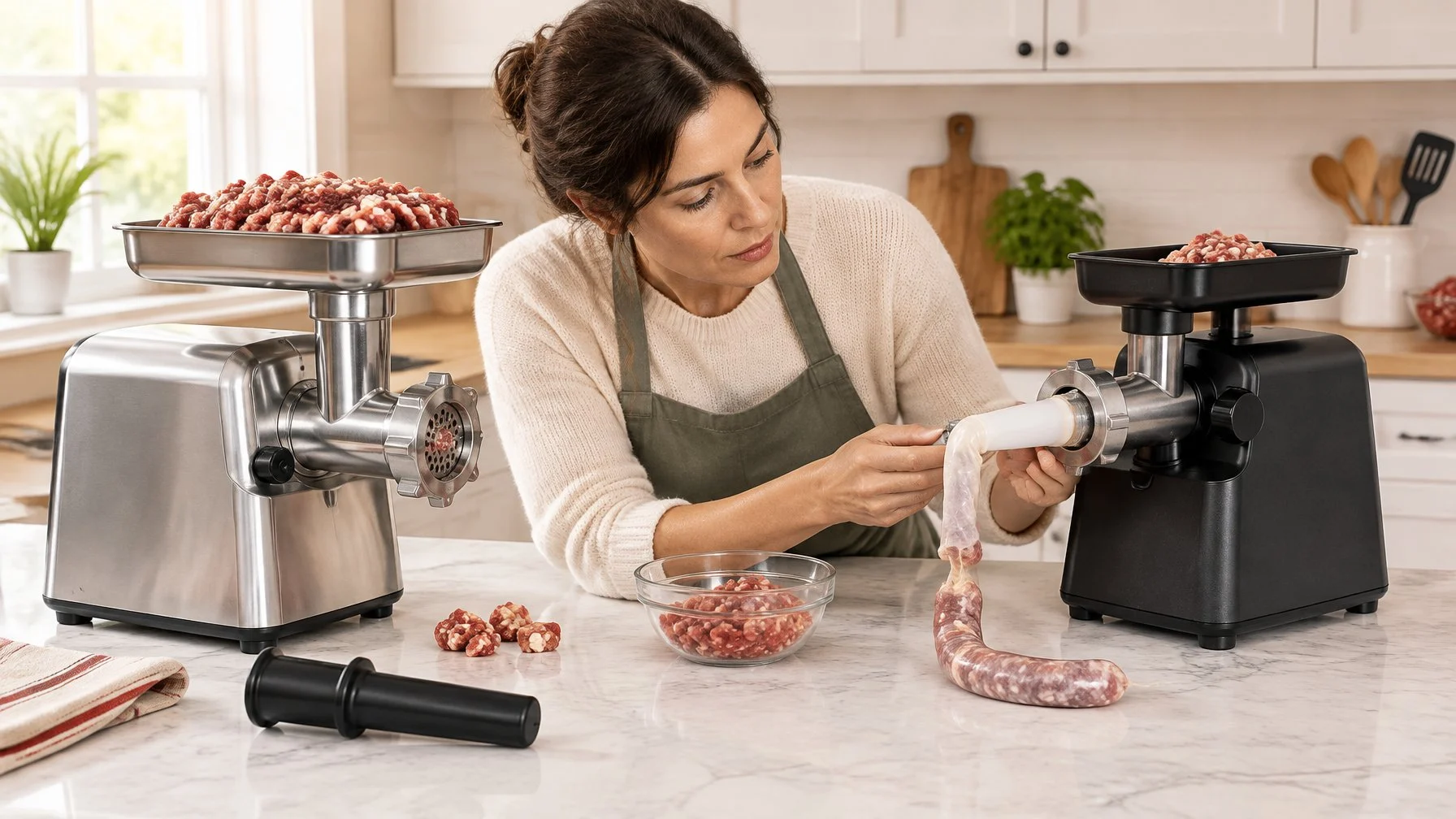 A cook checks two meat grinders after meat jams and a sausage casing fills unevenly.
