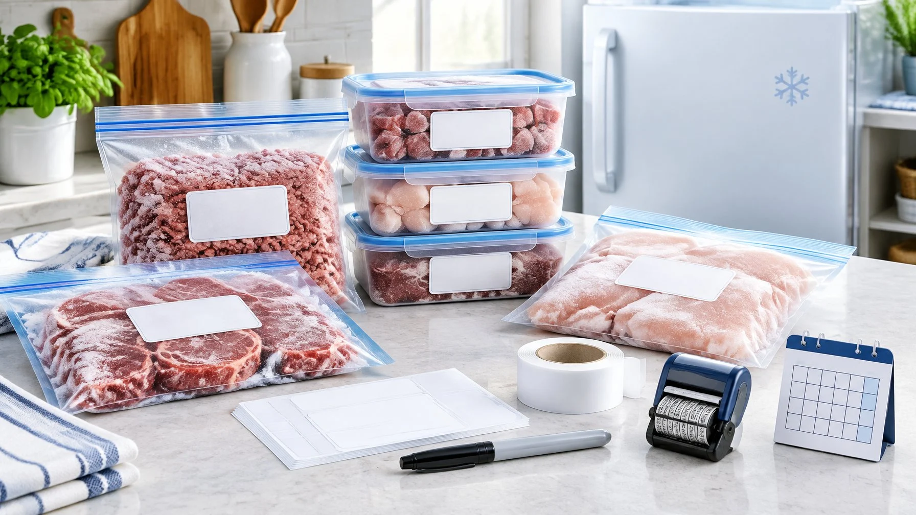 Wrapped portions of meat and labeling supplies arranged on a kitchen counter.