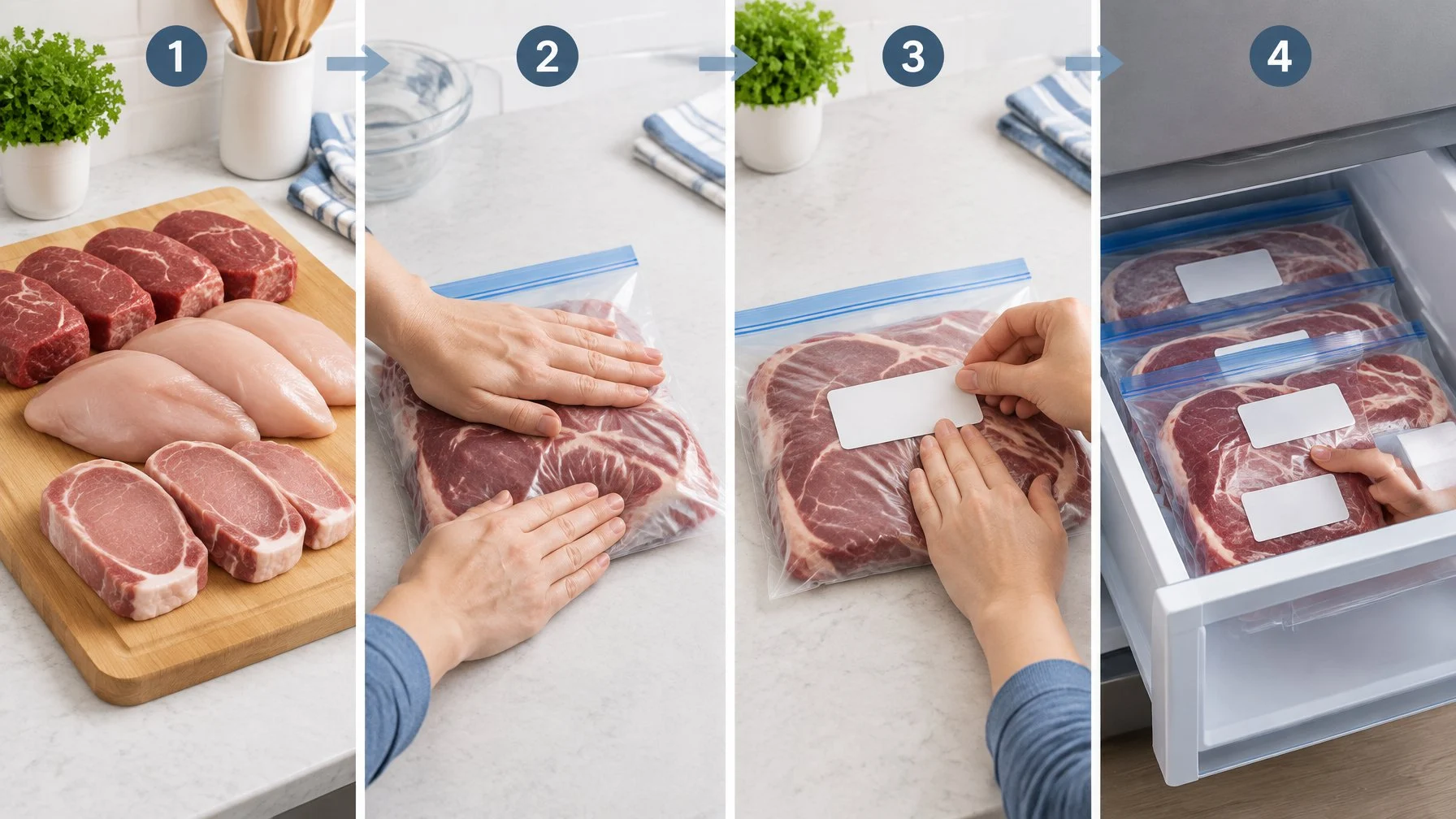 Four steps show meat being portioned, sealed in a freezer bag, given a blank label, and placed in a freezer.