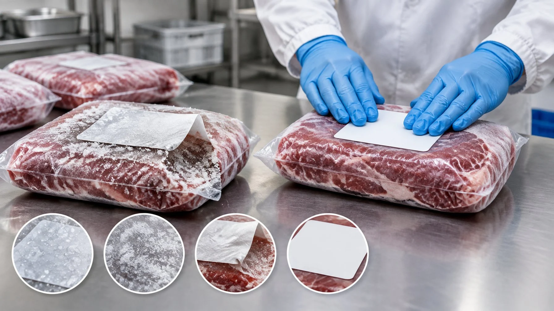 A gloved worker replaces a peeling label on a package of frozen meat.