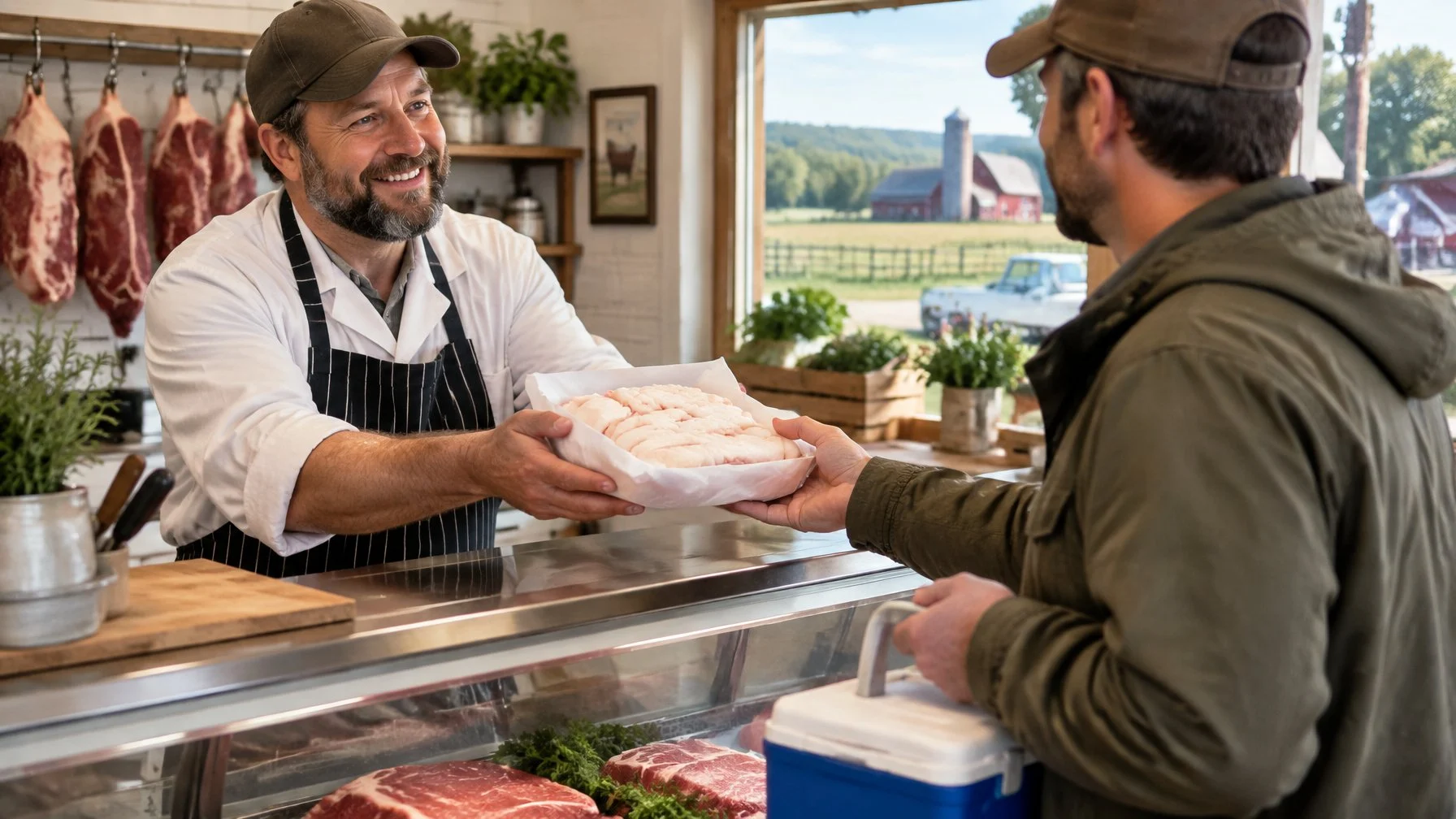 A butcher hands a wrapped portion of beef fat to a customer with a cooler of venison.