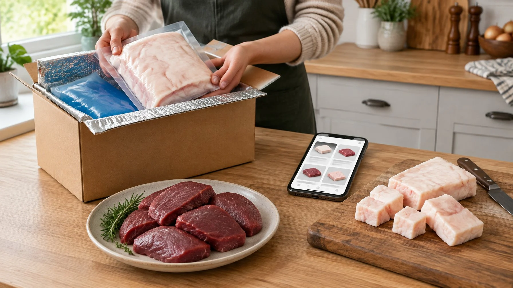 A package of beef fat arrives in an insulated box beside venison and a smartphone in a kitchen.