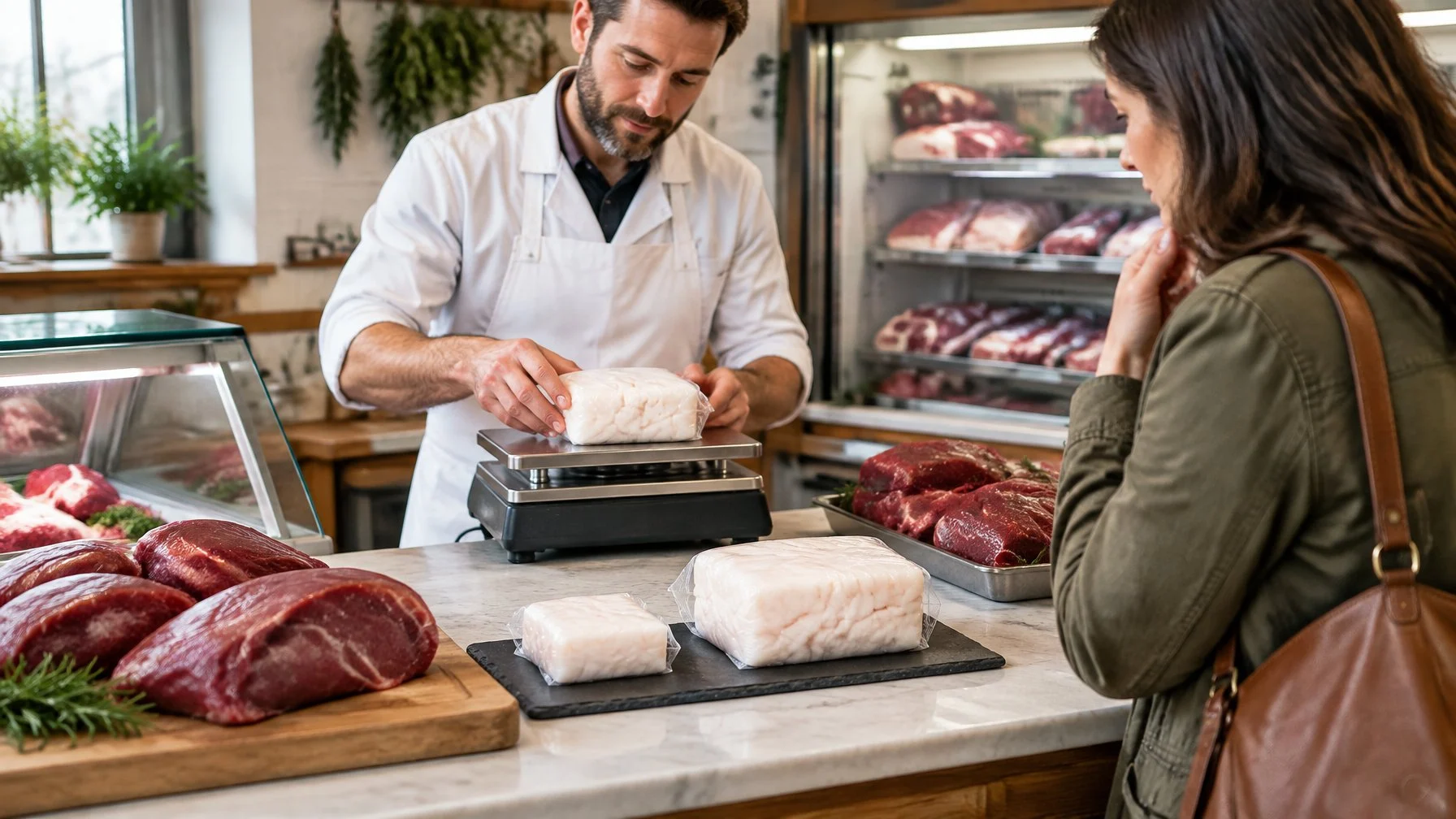 A butcher weighs beef fat beside venison while a shopper considers the portions.