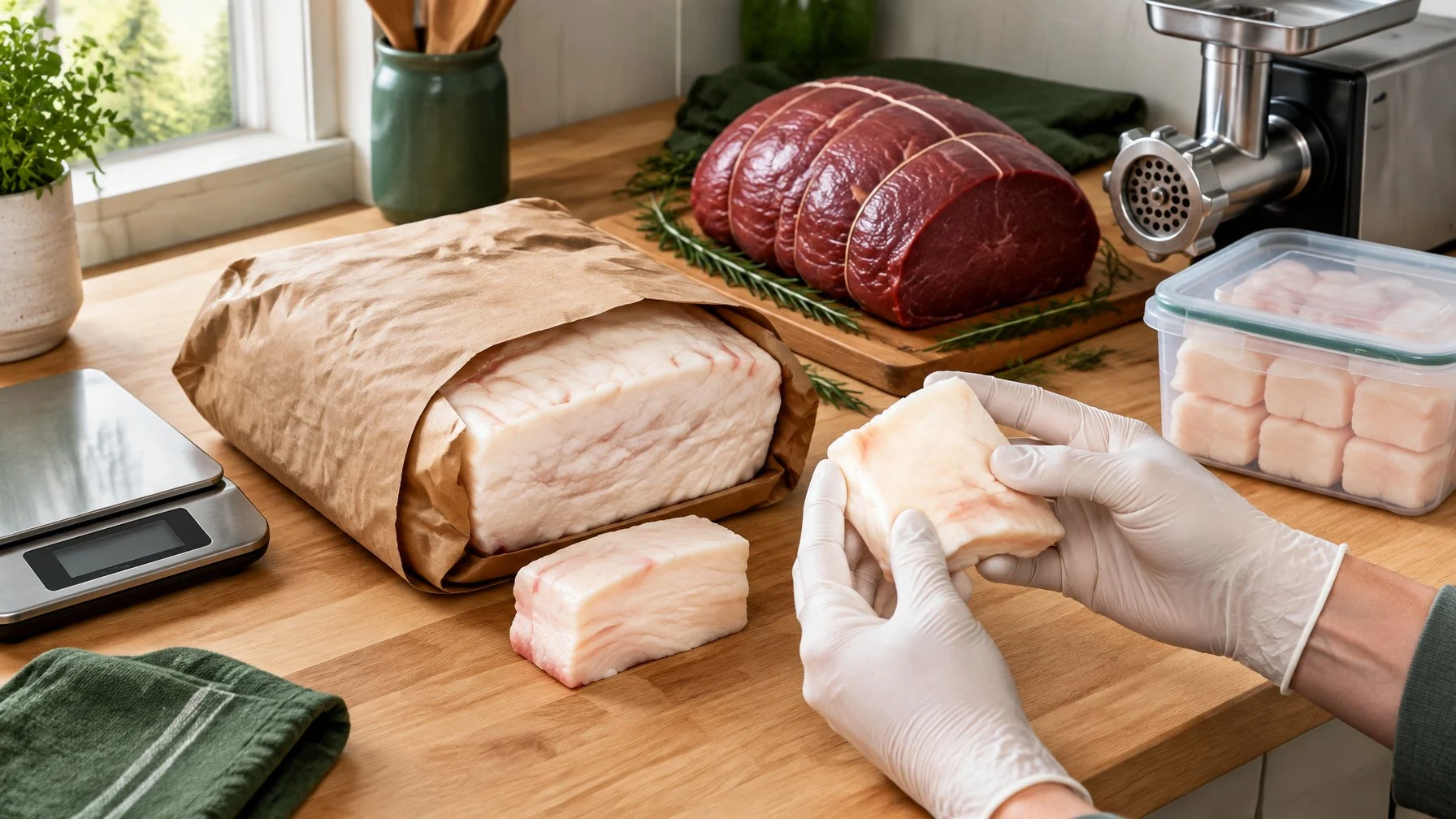 Gloved hands inspect beef fat beside venison, a meat grinder, and a sealed storage container.