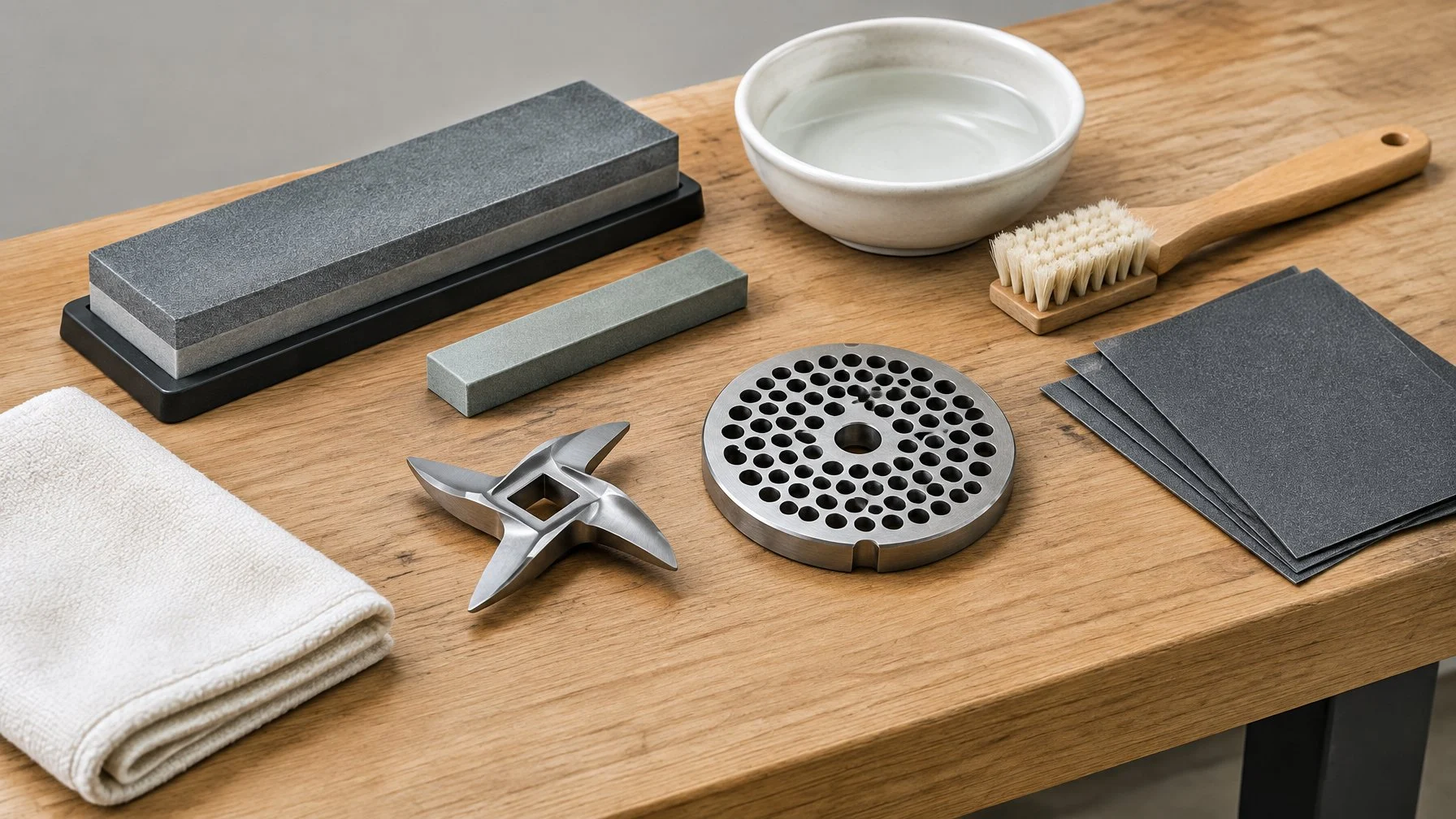 A meat grinder knife and perforated plate arranged with sharpening stones, abrasive paper, water, a brush, and a cloth.