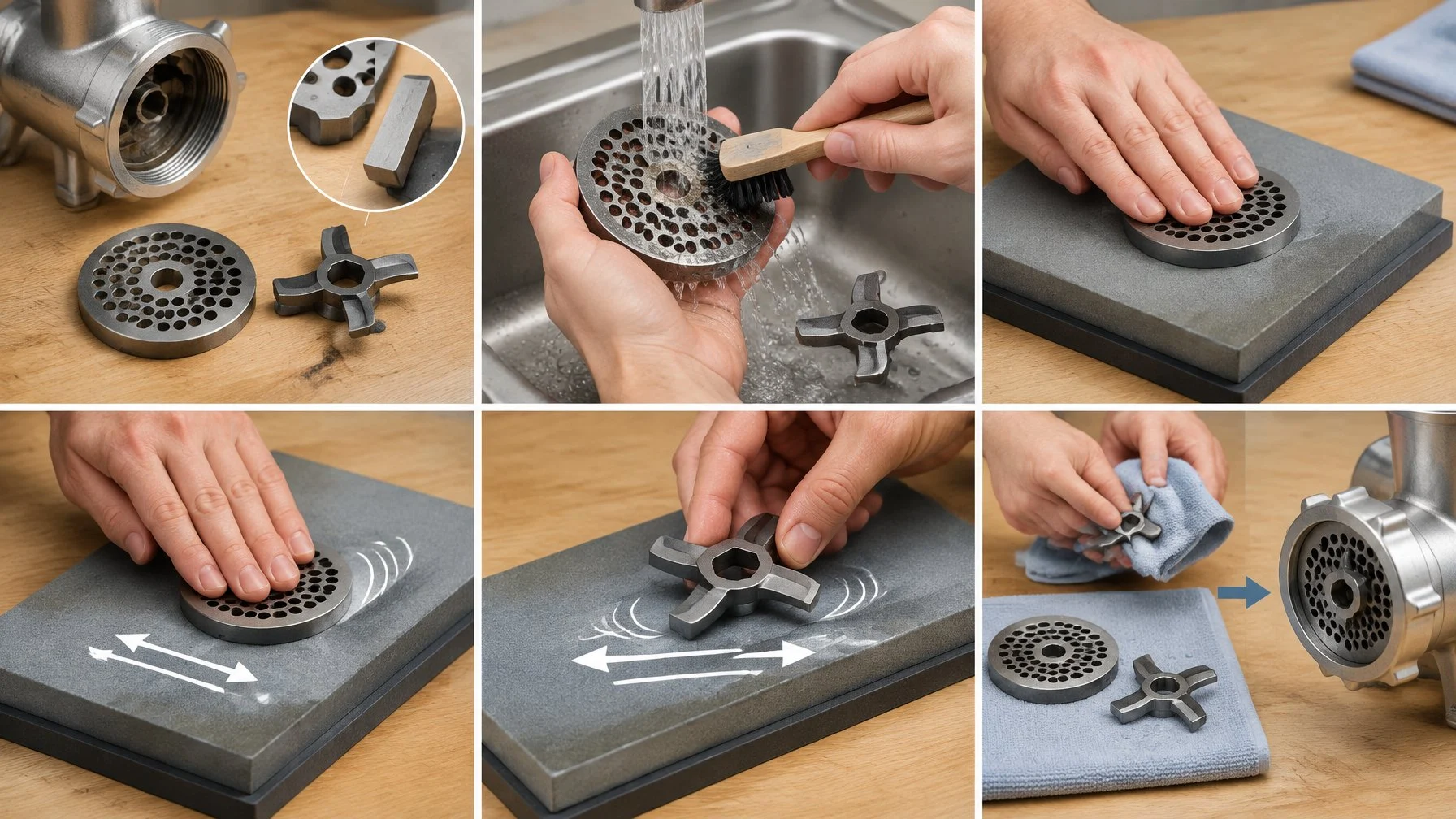A meat grinder cutter blade and perforated plate shown through cleaning, sharpening, and reassembly.