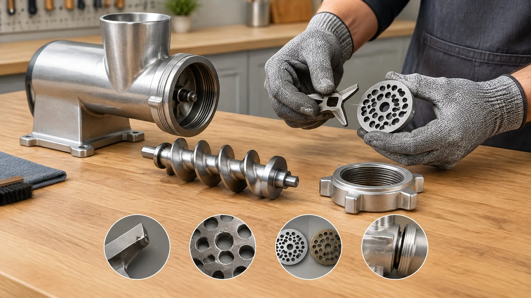 A person in protective gloves inspects the blade and perforated plate of a disassembled meat grinder on a workbench.