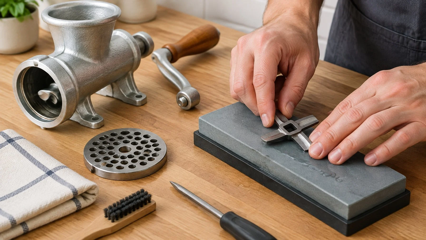 A person carefully sharpening a meat grinder blade on a flat stone beside the grinder parts.
