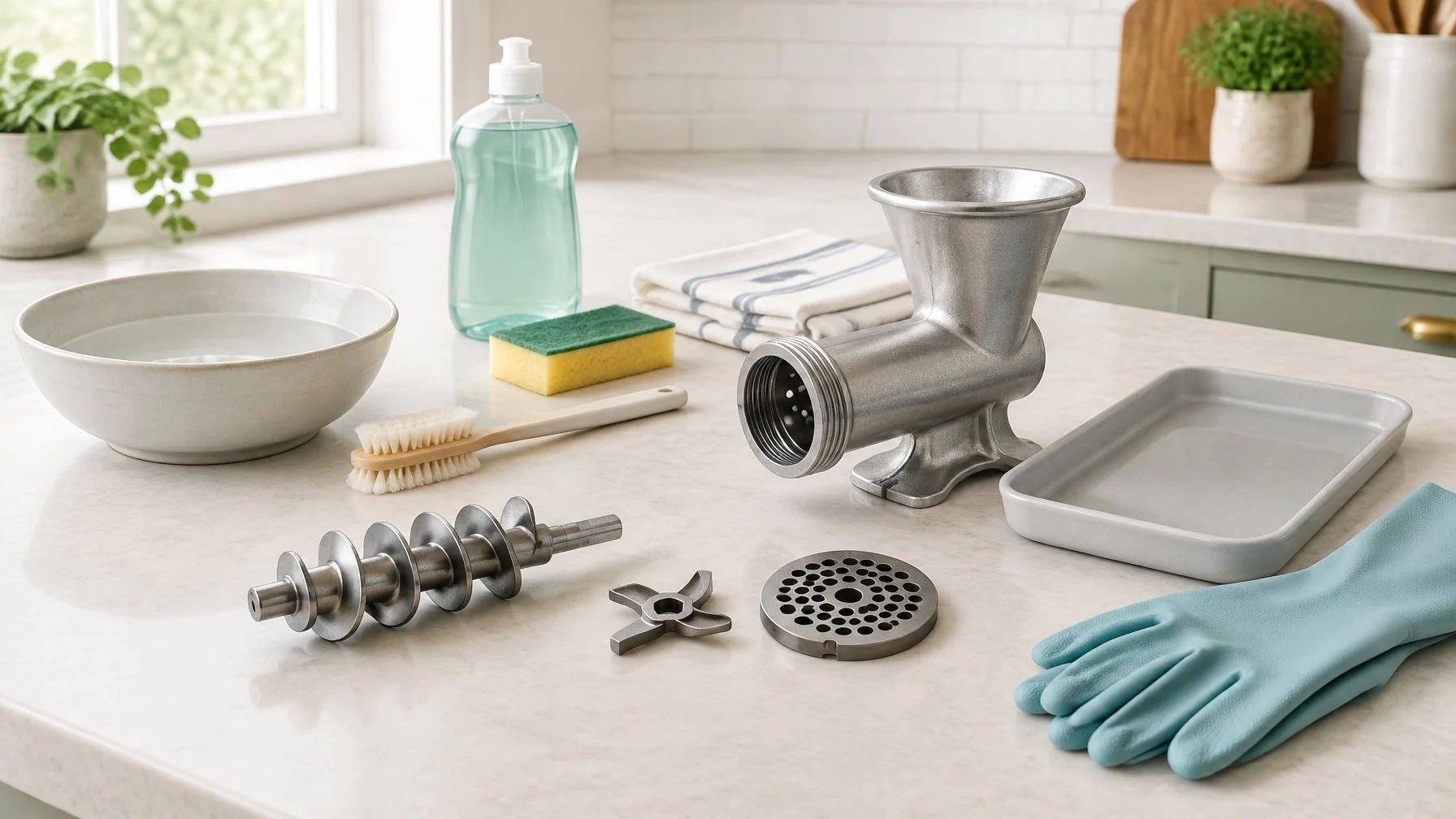 A disassembled meat grinder and cleaning supplies arranged on a kitchen counter.