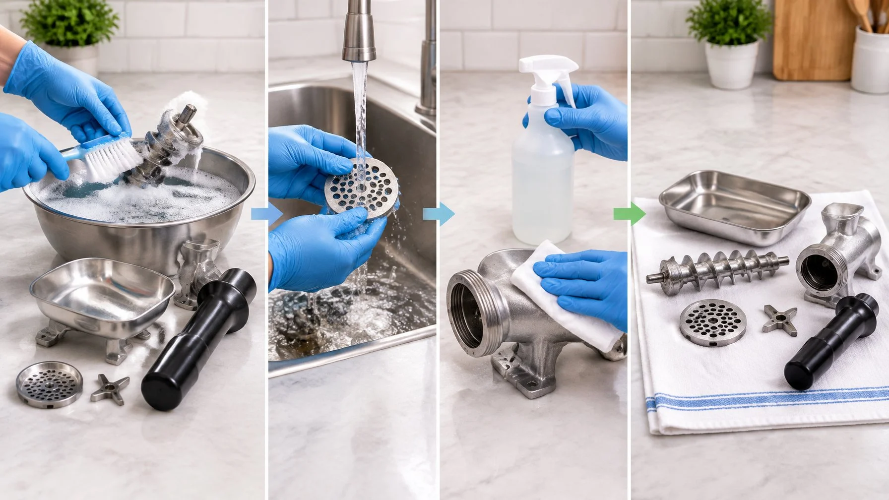 Gloved hands wash disassembled meat grinder parts beside a clean area for rinsing and drying.