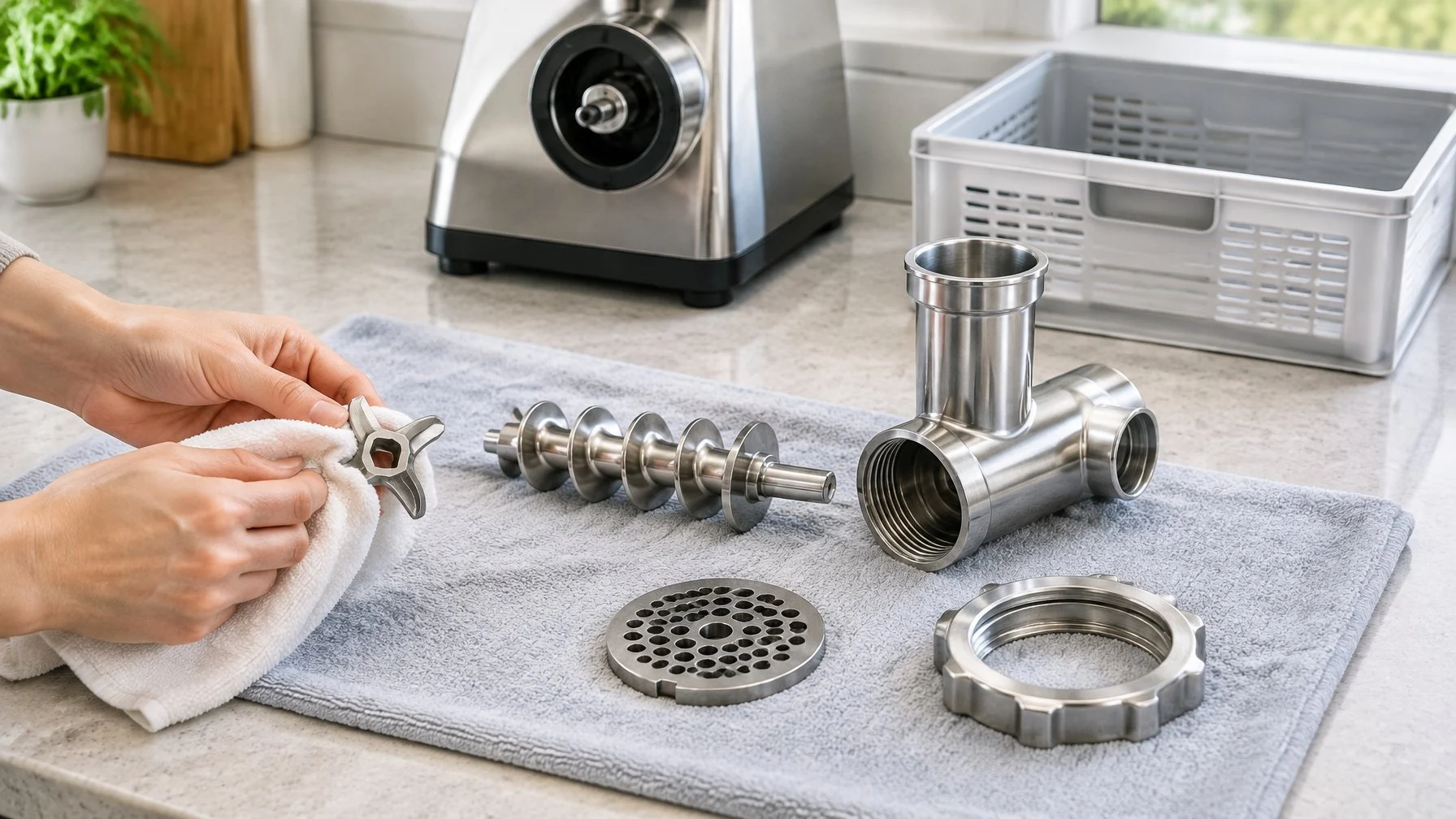 Clean meat grinder parts are being dried on a towel before storage.