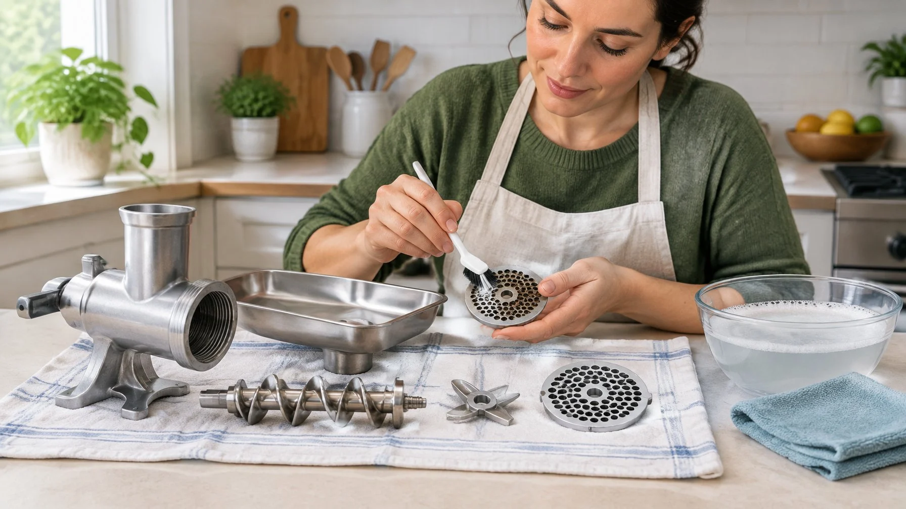 A cook brushes food residue from a meat grinder plate beside its disassembled parts.