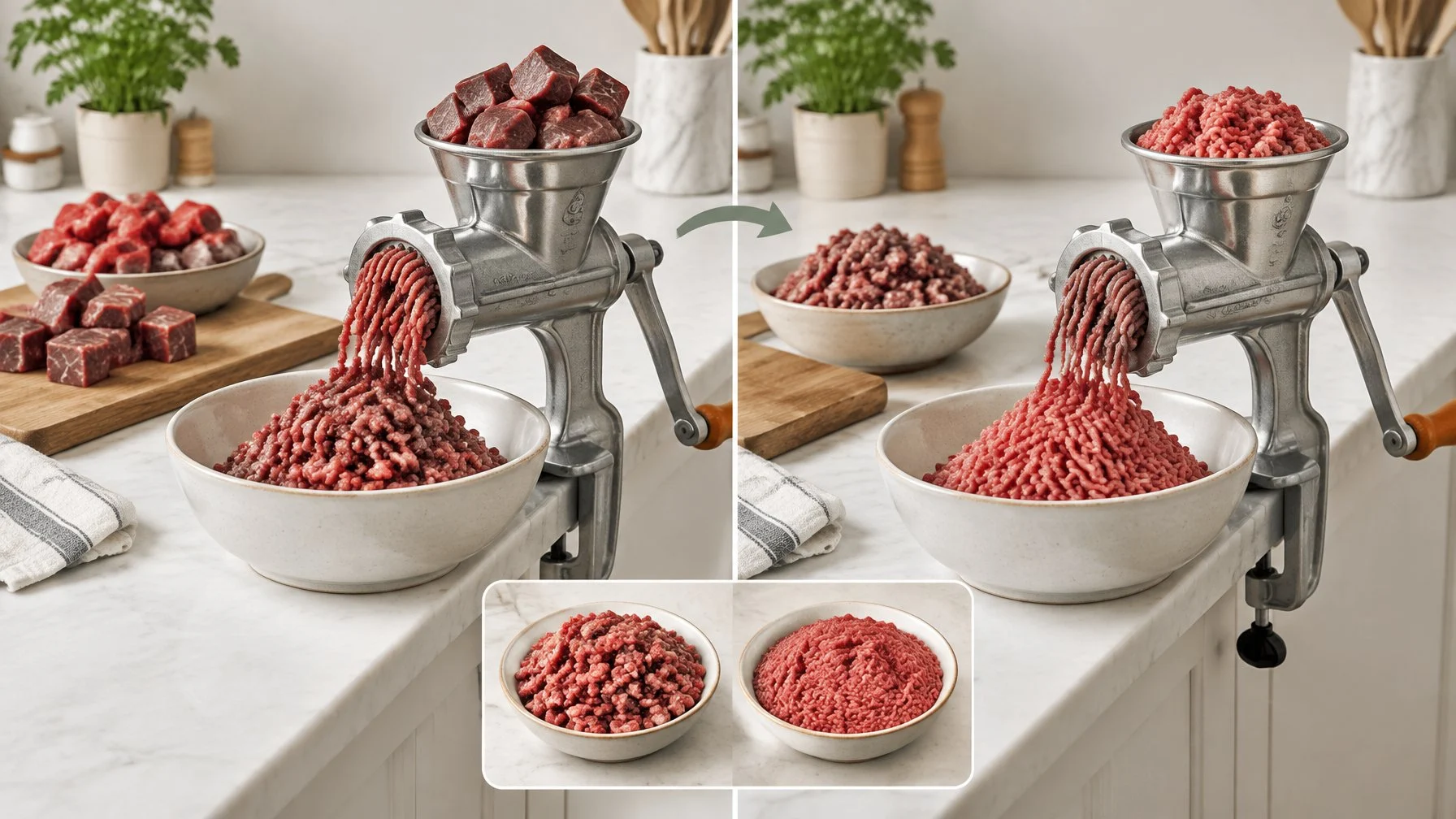 A meat grinder processes beef into a bowl, with ground meat being fed through for a second pass.