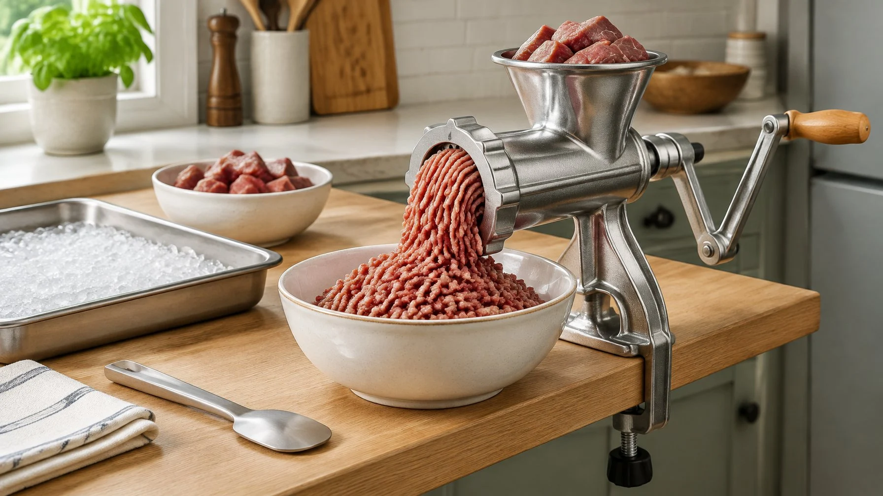 A meat grinder processes chilled meat into a clean bowl on a kitchen counter.