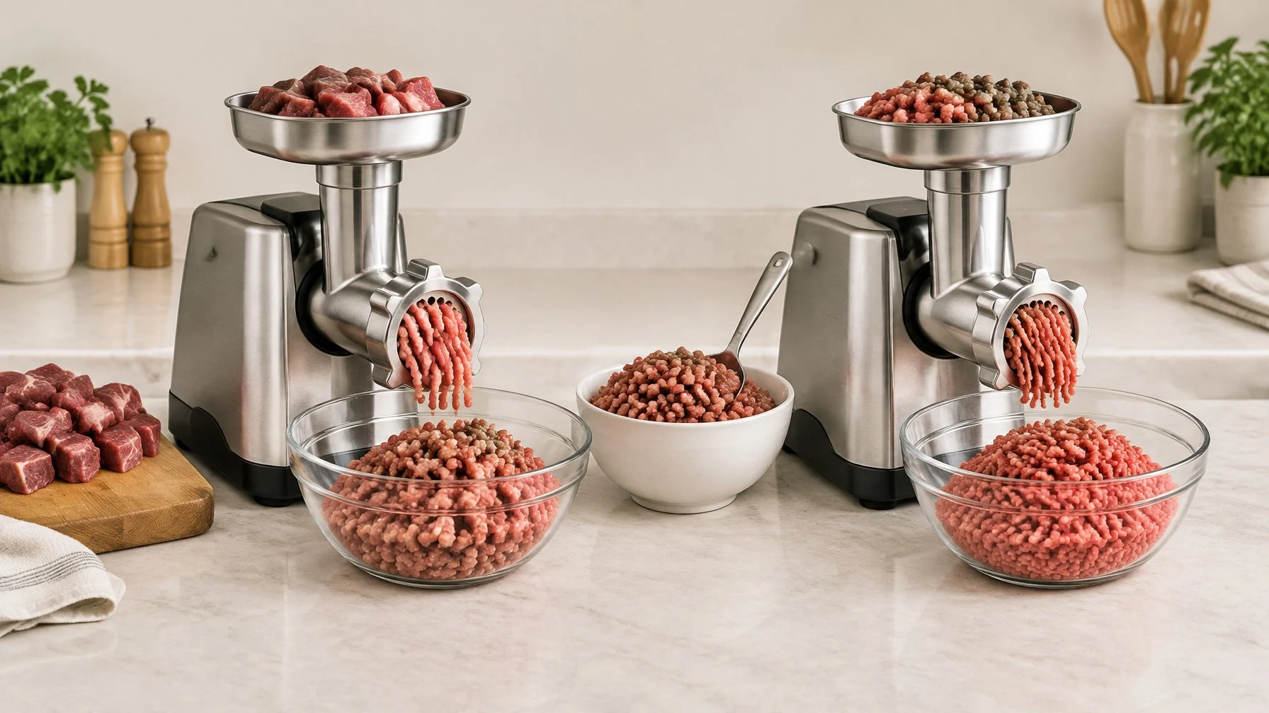 A countertop meat grinder processes meat into a coarse grind, which is fed through again to produce finer ground meat.